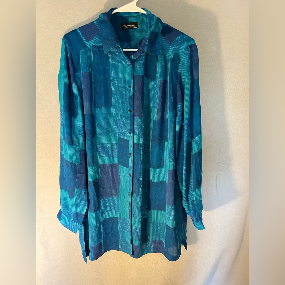 Liz Davenport Sheer Swim Cover Up Blue Green Button Tunic One Size Australia